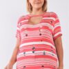 Plus Size Striped Distressed Cut-Out Top – Coral
