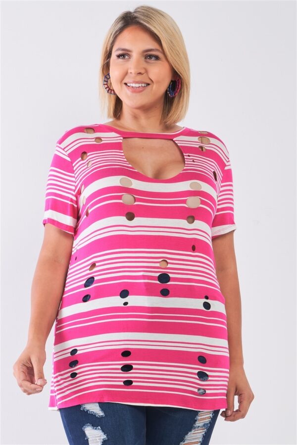 Plus Striped Distressed Cut-Out Top – Fuchsia