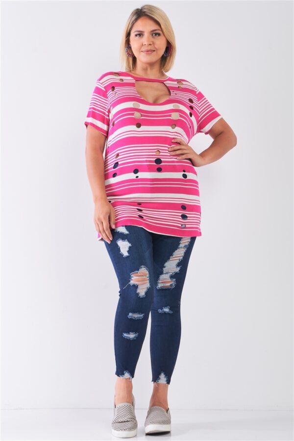 Plus Striped Distressed Cut-Out Top – Fuchsia