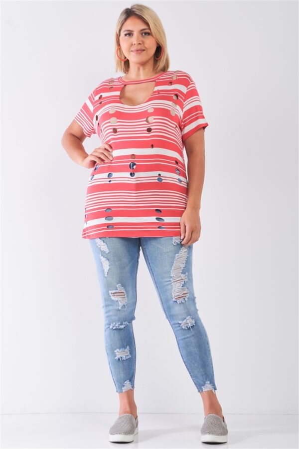 Plus Size Striped Distressed Cut-Out Top – Coral