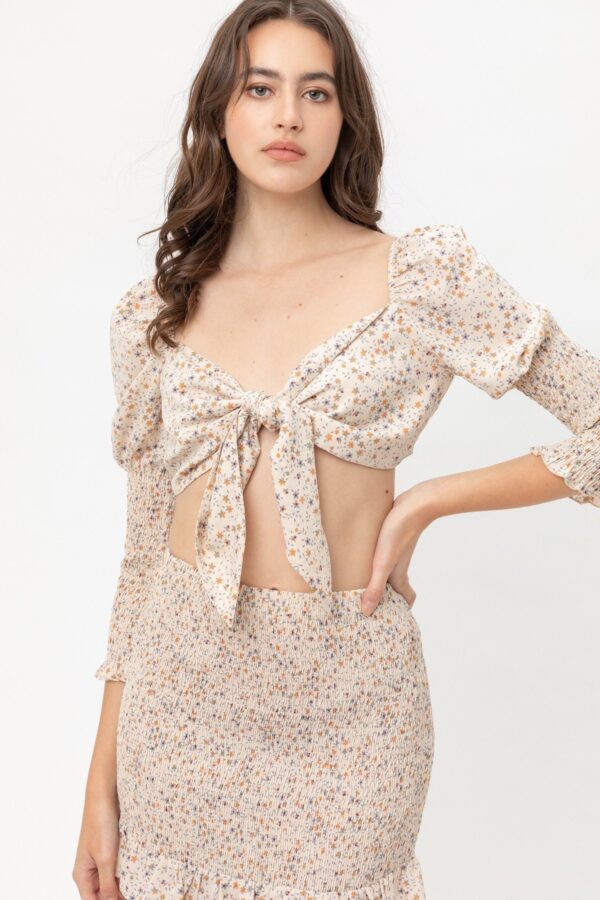 Front-Tie Woven Printed Top – Cream