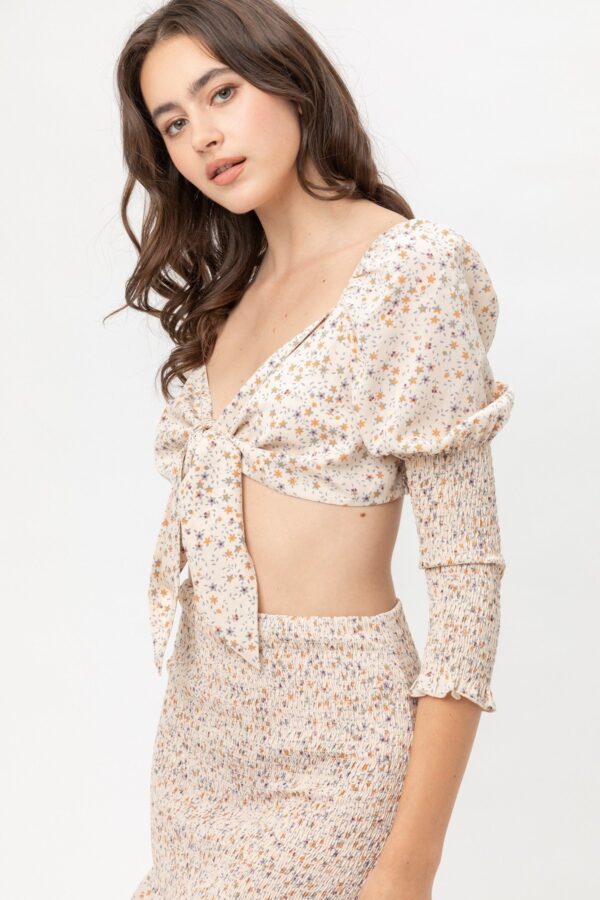 Front-Tie Woven Printed Top – Cream