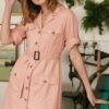 Drop Shoulder Belted Dress with Waist Tie – Pink