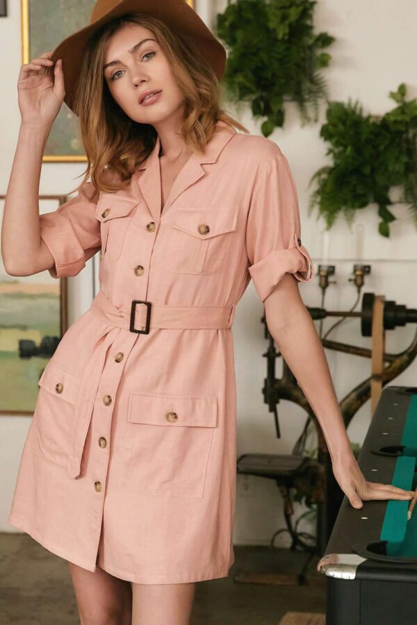 Drop Shoulder Belted Dress with Waist Tie – Pink