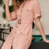 Drop Shoulder Belted Dress with Waist Tie – Pink