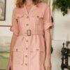 Drop Shoulder Belted Dress with Waist Tie – Pink