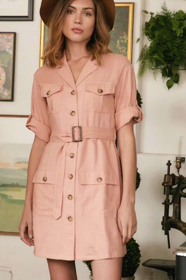 Drop Shoulder Belted Dress with Waist Tie – Pink