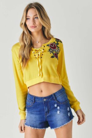 Floral Embroidered Cropped Sweatshirt – Yellow
