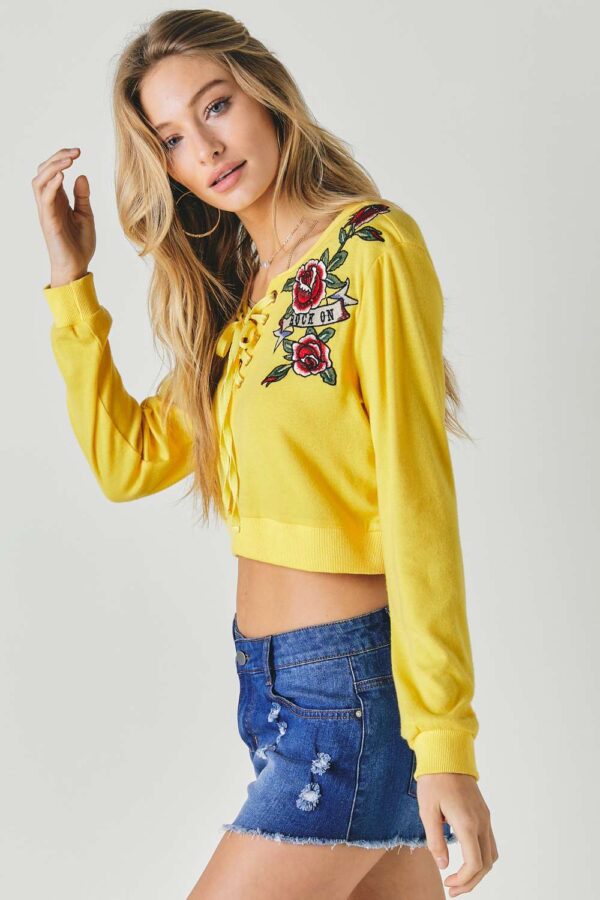 Floral Embroidered Cropped Sweatshirt – Yellow