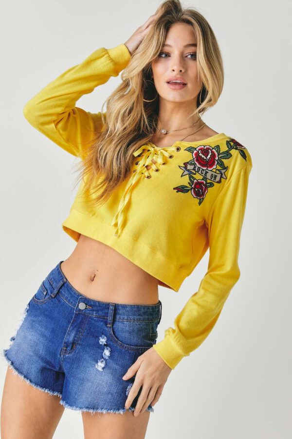 Floral Embroidered Cropped Sweatshirt – Yellow