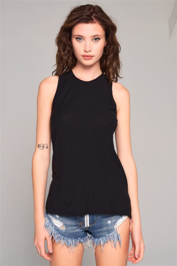 Longline Sleeveless Crew Neck Top with Cut-Out Back – Black