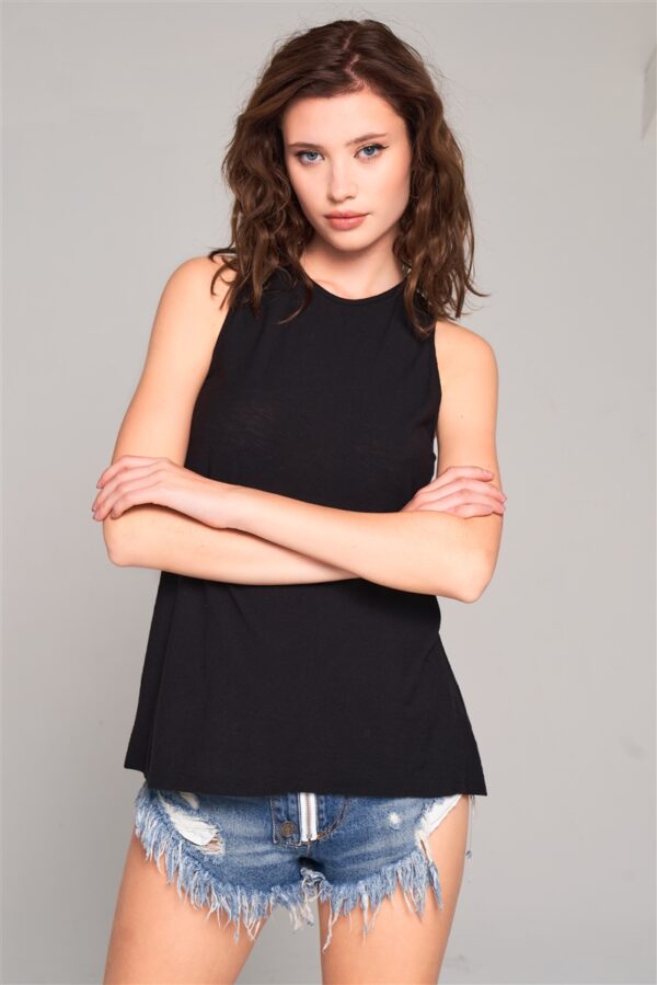 Longline Sleeveless Crew Neck Top with Cut-Out Back – Black