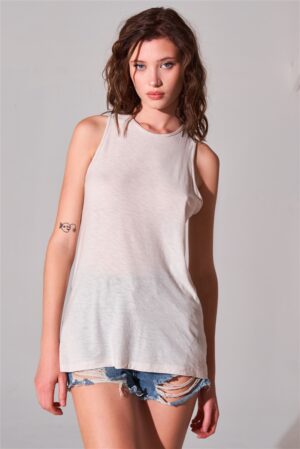 Sleeveless Crew Neck Longline Top with Cut-Out Back – Clay