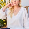 Plus Size V-Neck Bubble Sleeve Top – White
