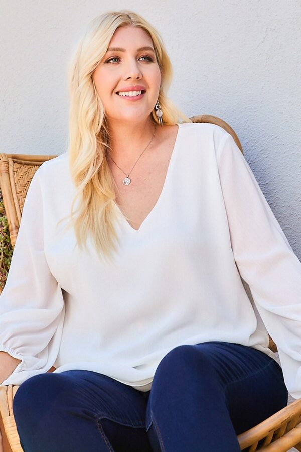 Plus Size V-Neck Bubble Sleeve Top – White