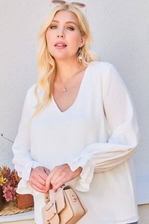 V-Neck Tiered Ruffle Sleeve Top – Plus Size White