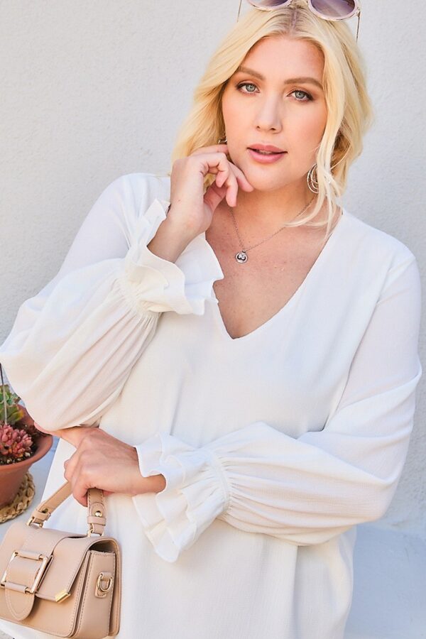 V-Neck Tiered Ruffle Sleeve Top – Plus Size White