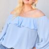 Off-Shoulder Ruffle Bubble Sleeve Top – Dusty Blue, Plus Size