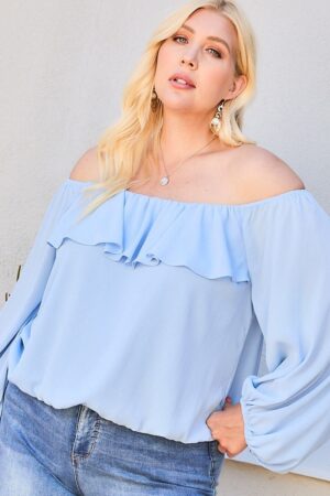 Off-Shoulder Ruffle Bubble Sleeve Top – Dusty Blue, Plus Size