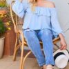Off-Shoulder Ruffle Bubble Sleeve Top – Dusty Blue, Plus Size