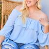 Off-Shoulder Ruffle Bubble Sleeve Top – Dusty Blue, Plus Size