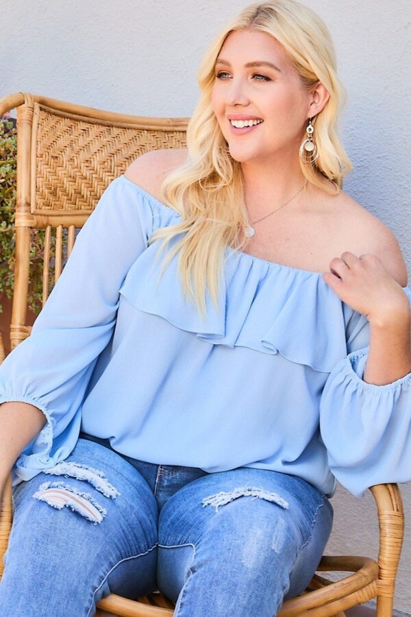 Off-Shoulder Ruffle Bubble Sleeve Top – Dusty Blue, Plus Size