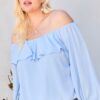 Off-Shoulder Ruffle Bubble Sleeve Top – Dusty Blue, Plus Size