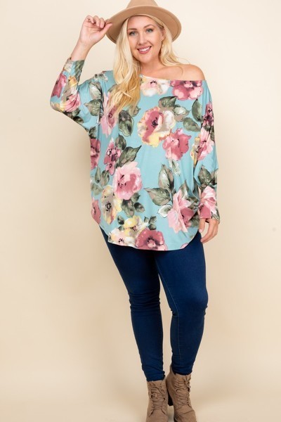 Plus Size One-Shoulder Floral Venezia Top – Sage