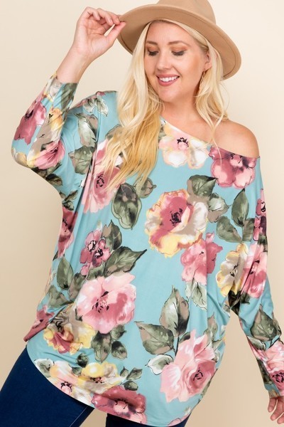 Plus Size One-Shoulder Floral Venezia Top – Sage