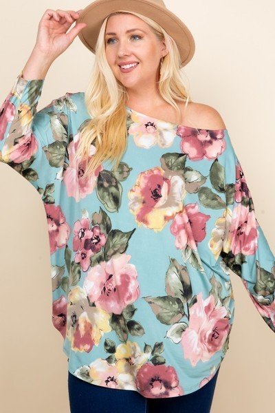 Plus Size One-Shoulder Floral Venezia Top – Sage