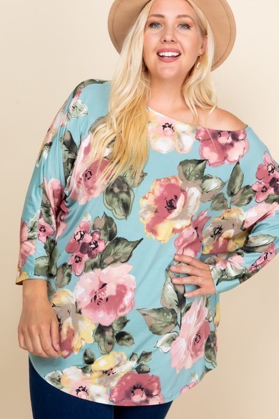 Plus Size One-Shoulder Floral Venezia Top – Sage
