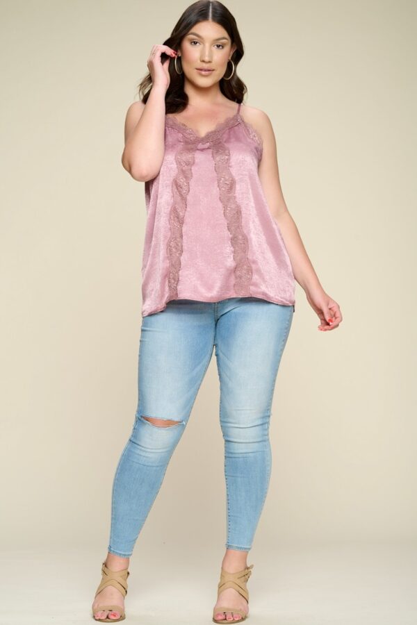 Plus Size Satin Cami with Lace Neckline – Mauve