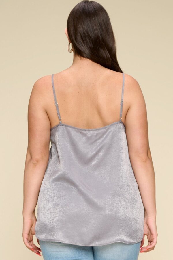 Plus-Size Satin Cami with Lace Neckline – Grey