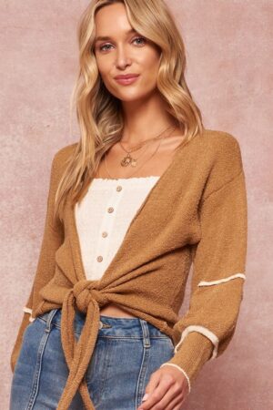 Textured Knit Cardigan Sweater – Cropped Camel
