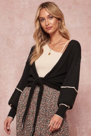 Textured Cropped Knit Cardigan with Bishop Sleeves – Black