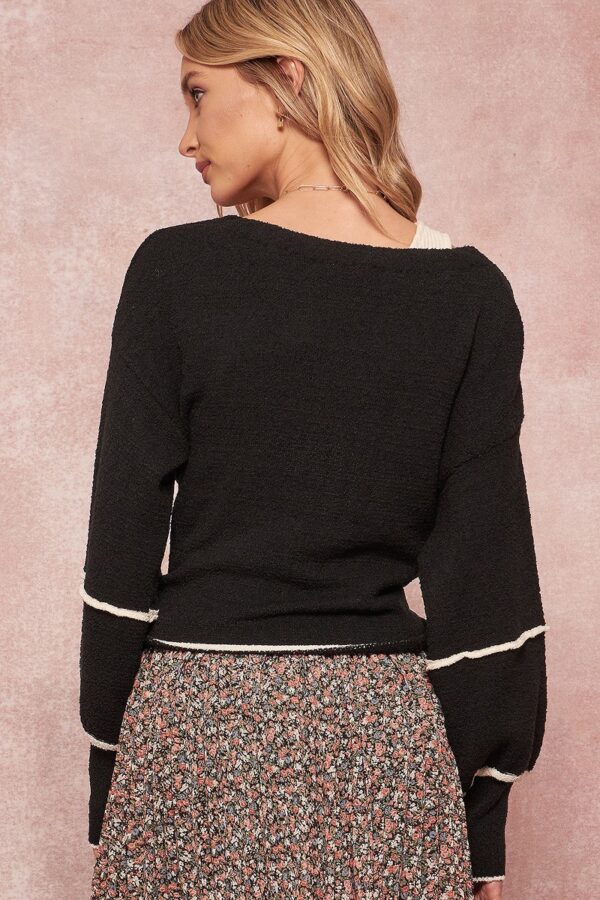 Textured Cropped Knit Cardigan with Bishop Sleeves – Black