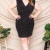 Plus Rhinestone Mini Dress with Draped Neck – Black
