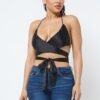 Satin Wrap Top with Draped Neck – Black