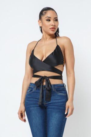 Satin Wrap Top with Draped Neck – Black