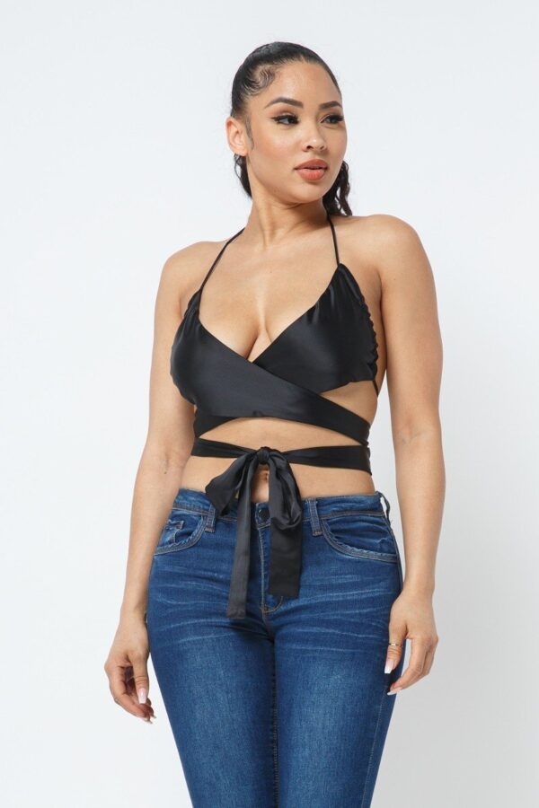 Satin Wrap Top with Draped Neck – Black