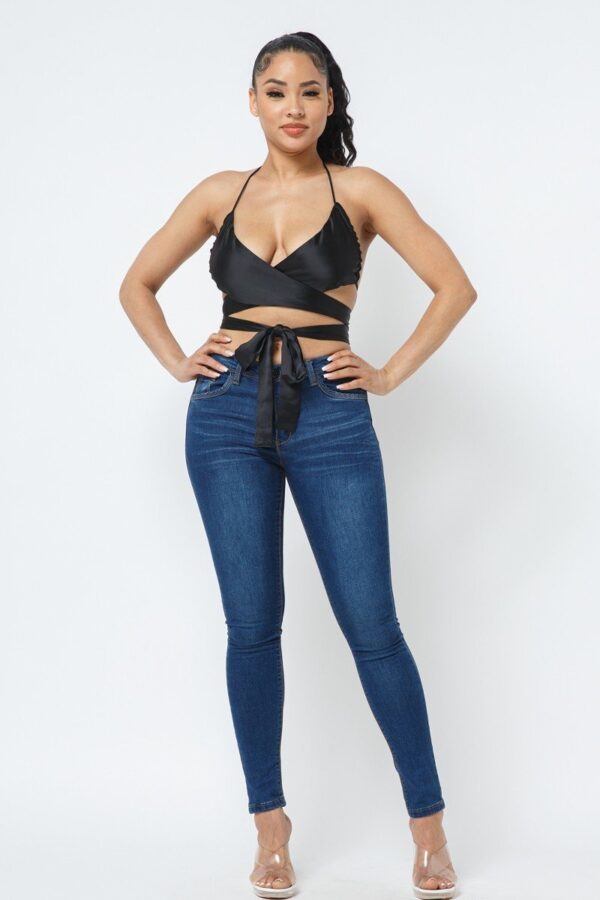 Satin Wrap Top with Draped Neck – Black
