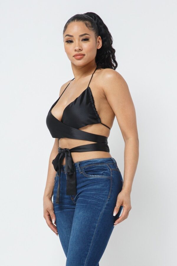 Satin Wrap Top with Draped Neck – Black