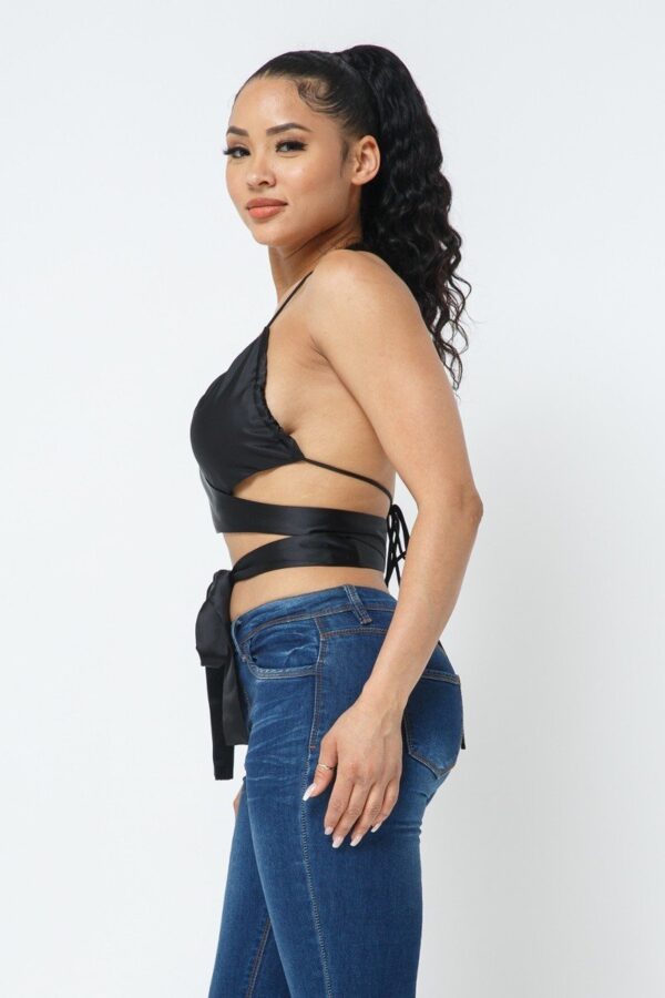 Satin Wrap Top with Draped Neck – Black