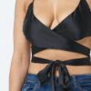 Satin Wrap Top with Draped Neck – Black