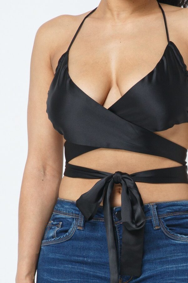 Satin Wrap Top with Draped Neck – Black