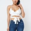 Satin Wrap-Front Top with Draped Neck – White