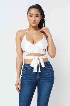 Satin Wrap-Front Top with Draped Neck – White