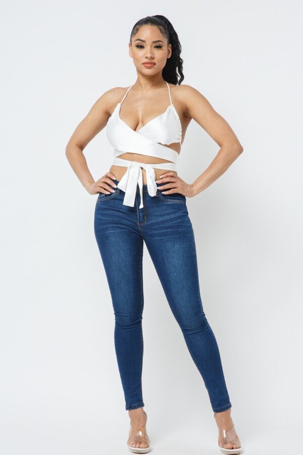 Satin Wrap-Front Top with Draped Neck – White