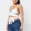 Satin Wrap-Front Top with Draped Neck – White