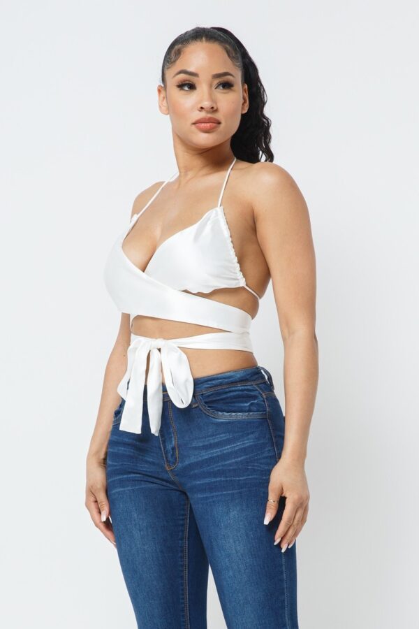 Satin Wrap-Front Top with Draped Neck – White